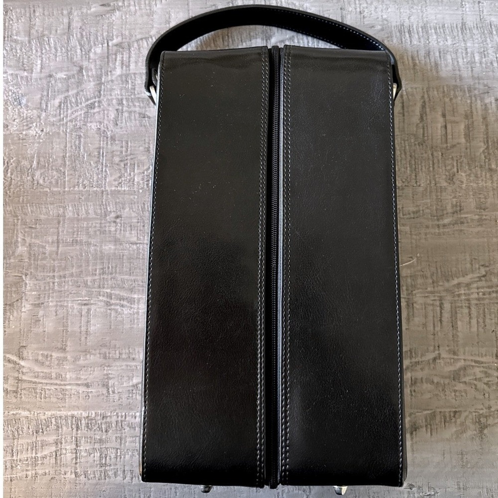 Luxury Black  Faux Leather 2-Bottle Wine Carrier Tote Case Handle Zipper DAR